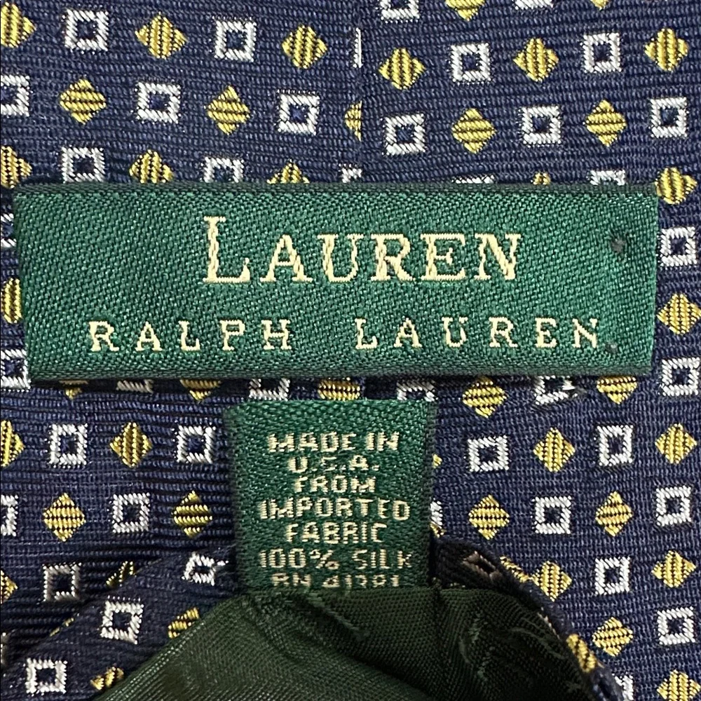 Ralph Lauren Men's Luxury Tie Blue & Gold Geometric 100% Silk 3.50